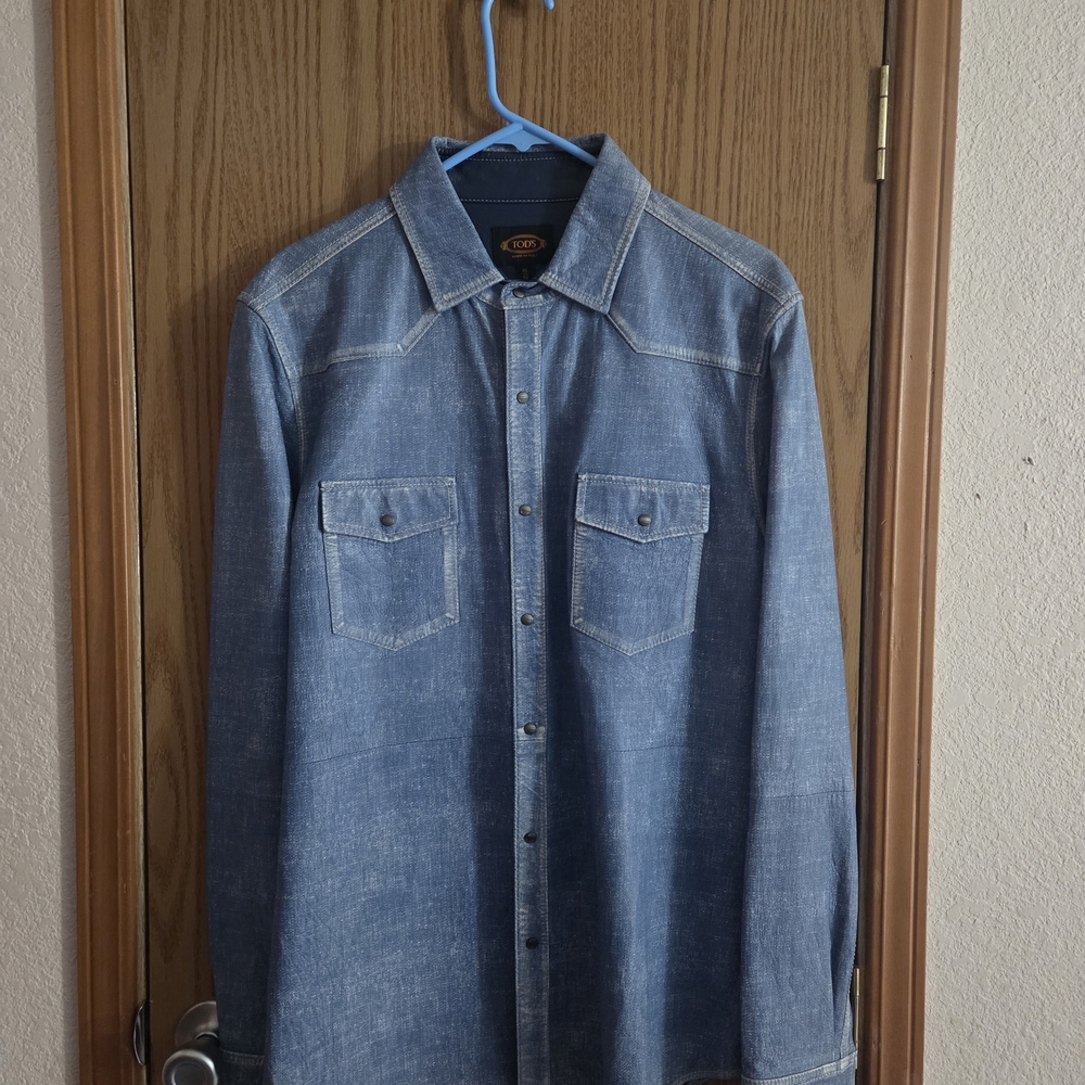 Tod's Men's Leather Denim Pattern Button-Down Shirt - Blue